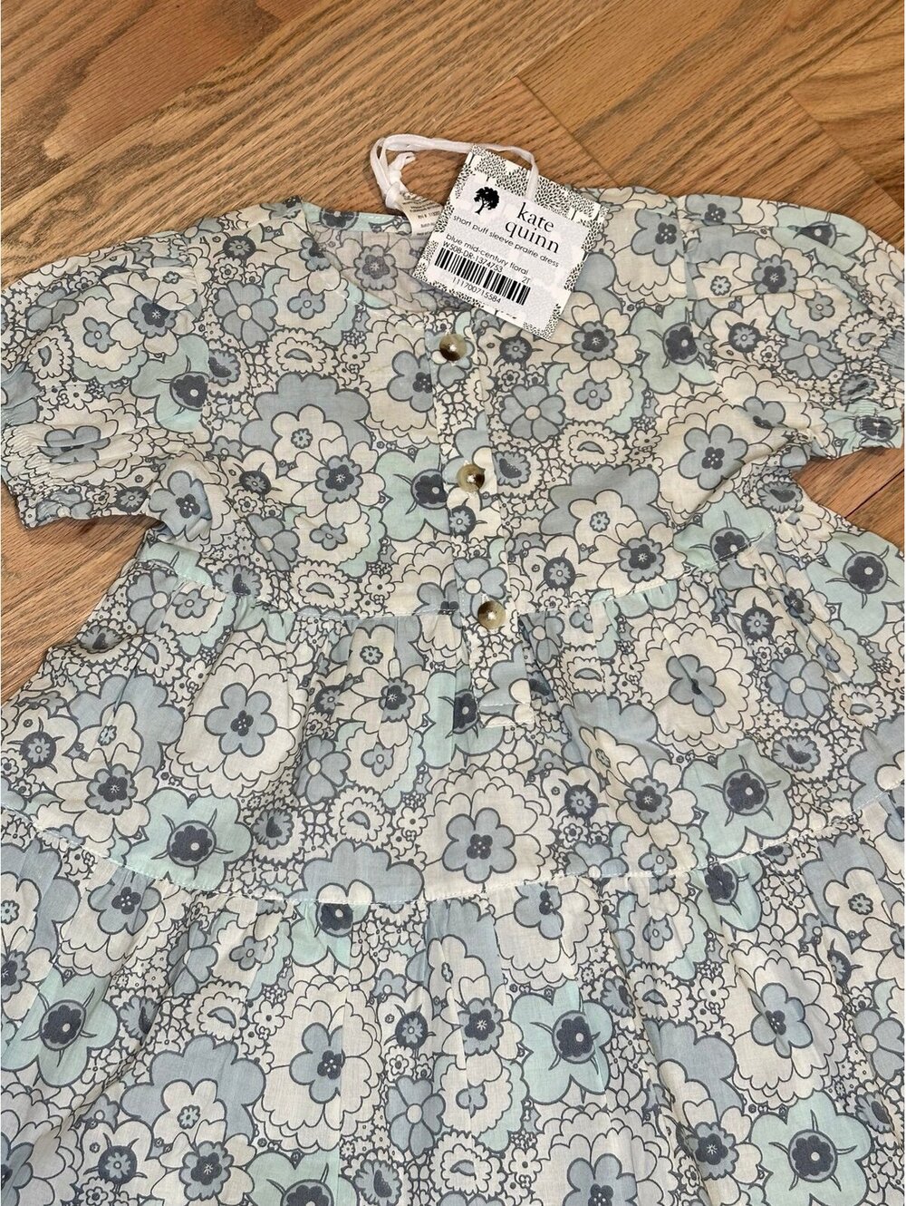 NWT Kate Quinn Short Puff Sleeve Prairie Dress Blue Mid-Century Floral Sz 2T